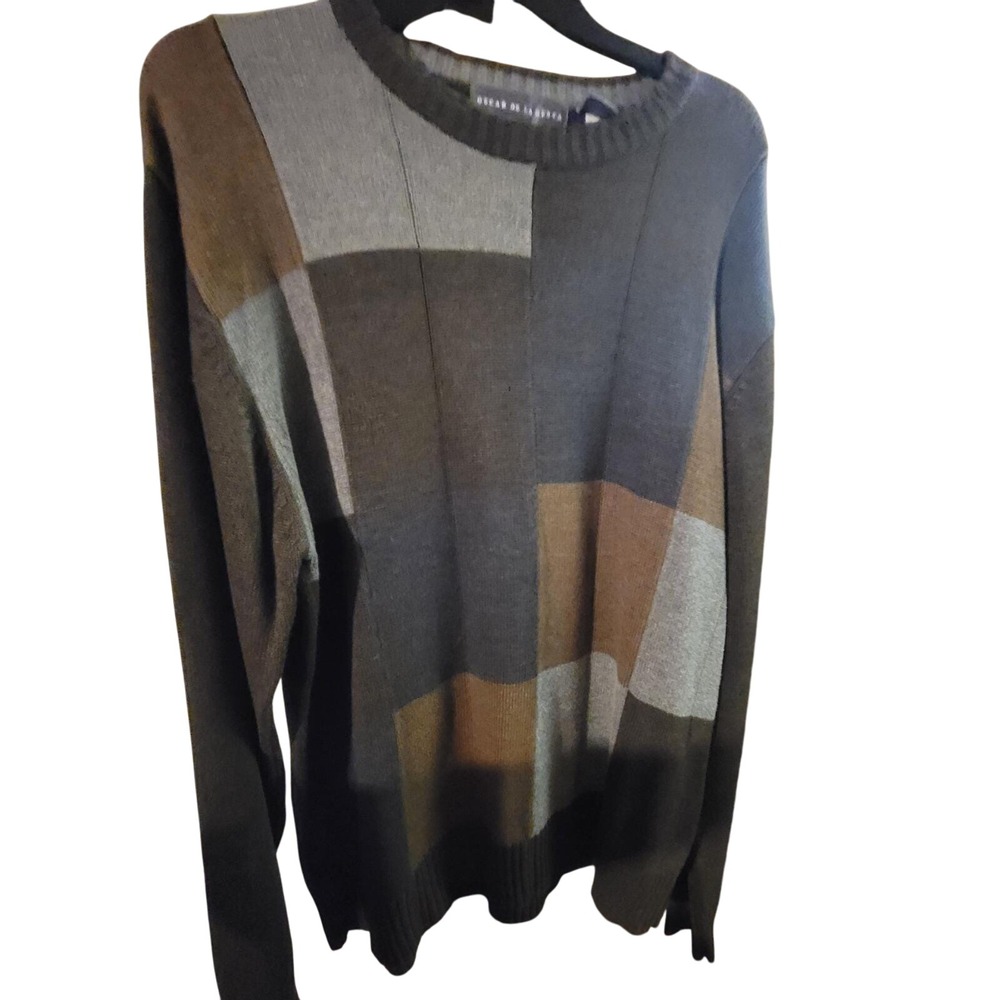 Vintage‎ Oscar de la Renta Men's XL Geometric Patchwork Knit Crewneck Sweater